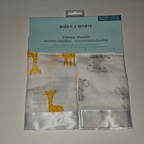 NEW 2 Aden & Anais Muslin Security Blankets Loveys Satin Trim Giraffe Elephant - Picture 1 of 5